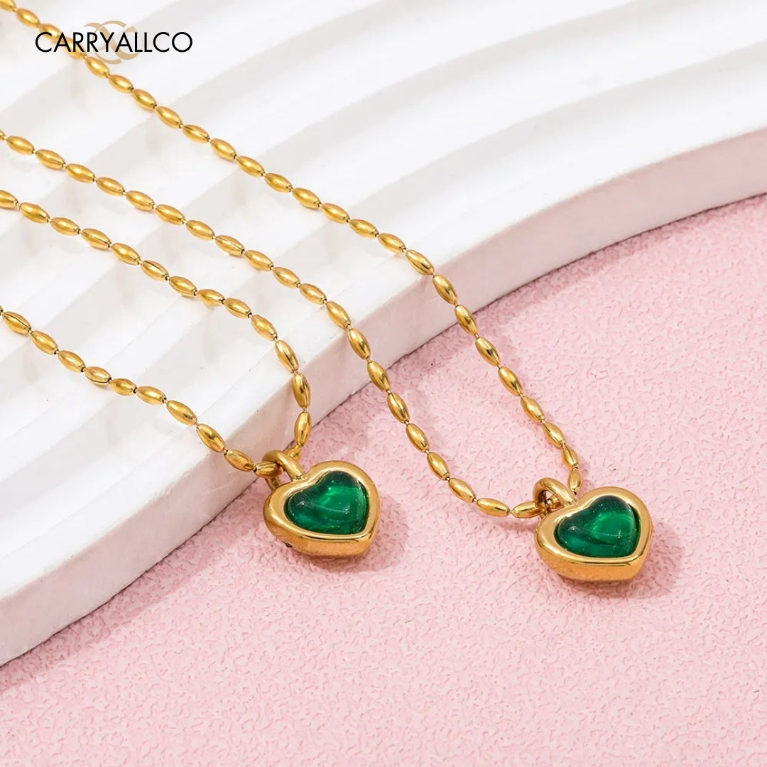 18K Gold Plated Green Agate Heart Pendant Necklace Carryallco