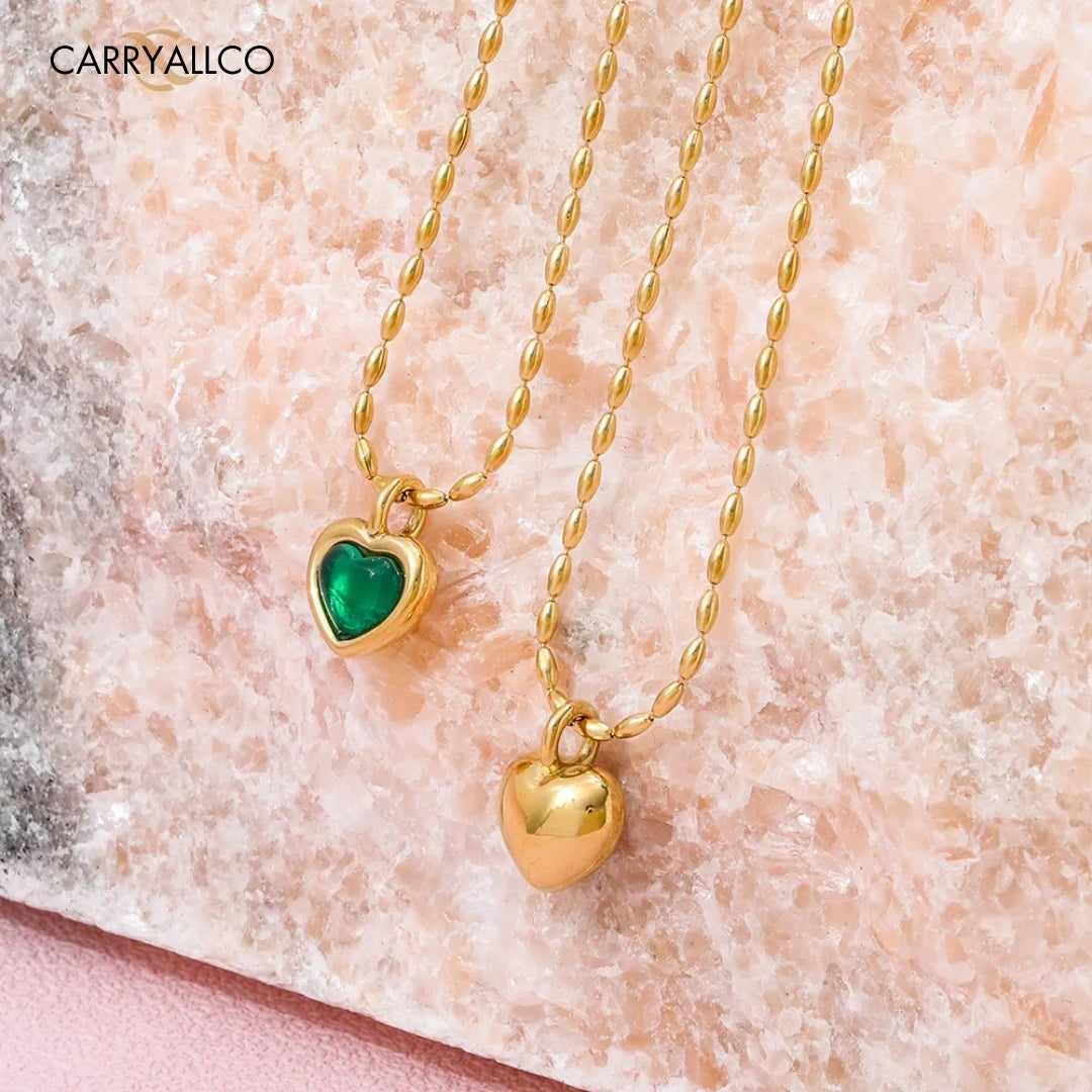 18K Gold Plated Green Agate Heart Pendant Necklace Carryallco