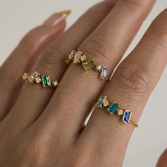 18K Gold Plated Green Stone Square Ring Set