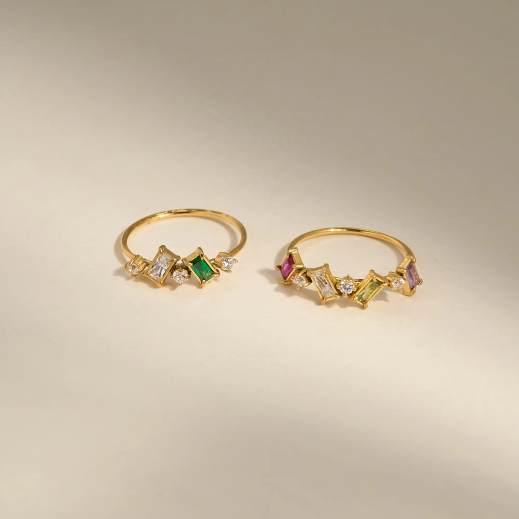 18K Gold Plated Green Stone Square Ring Set