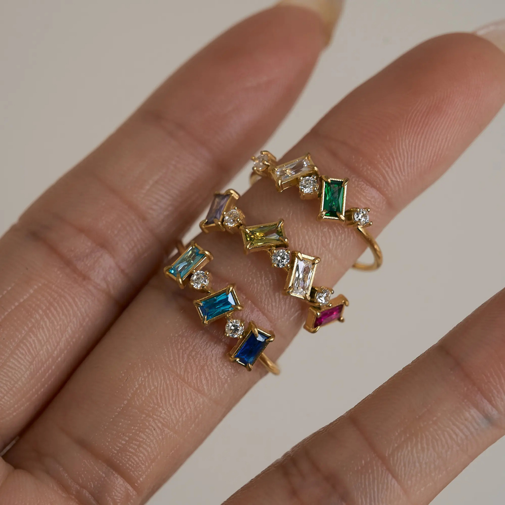 18K Gold Plated Green Stone Square Ring Set