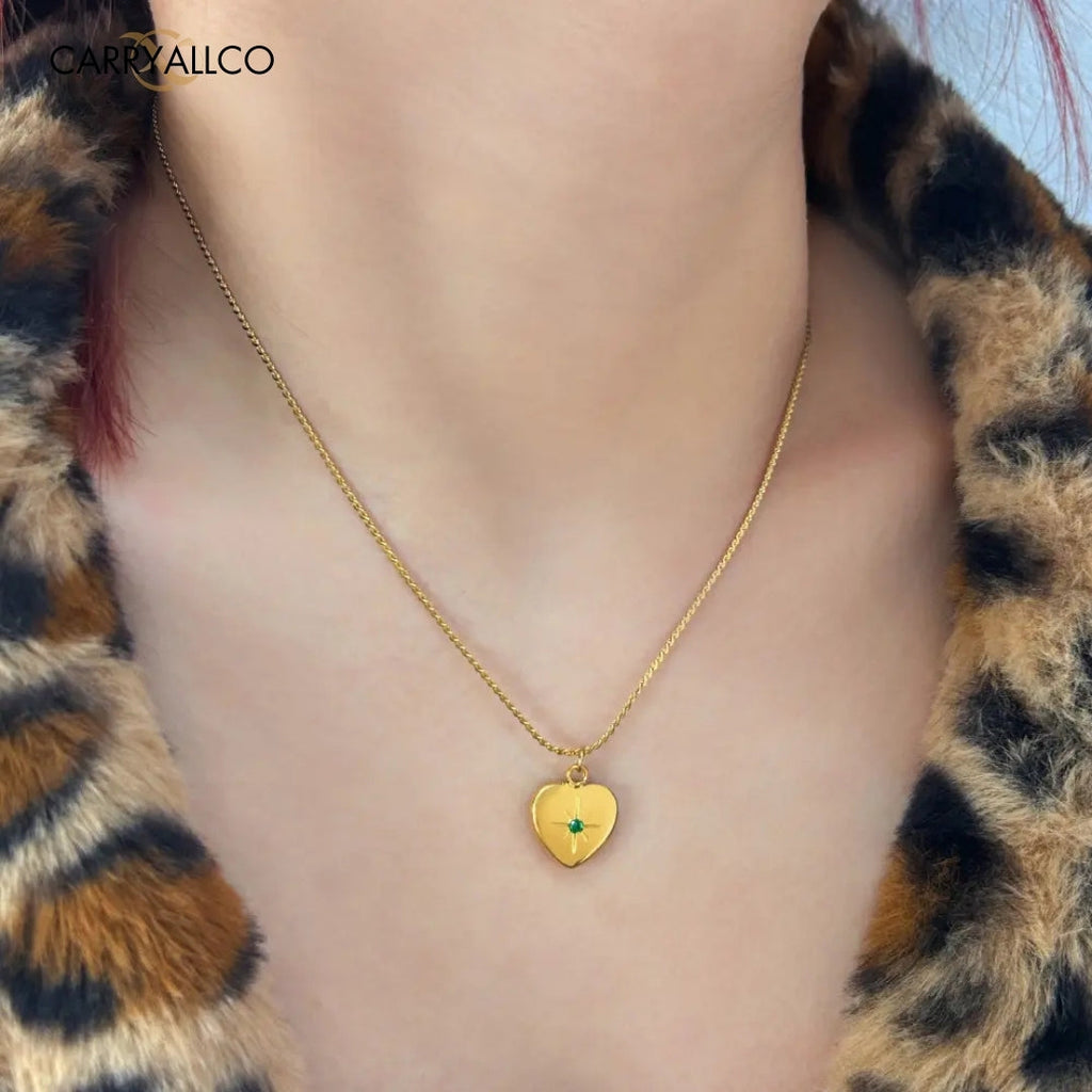 18K Gold Plated Heart & Star Brilliant Cut Stone Necklace Carryallco