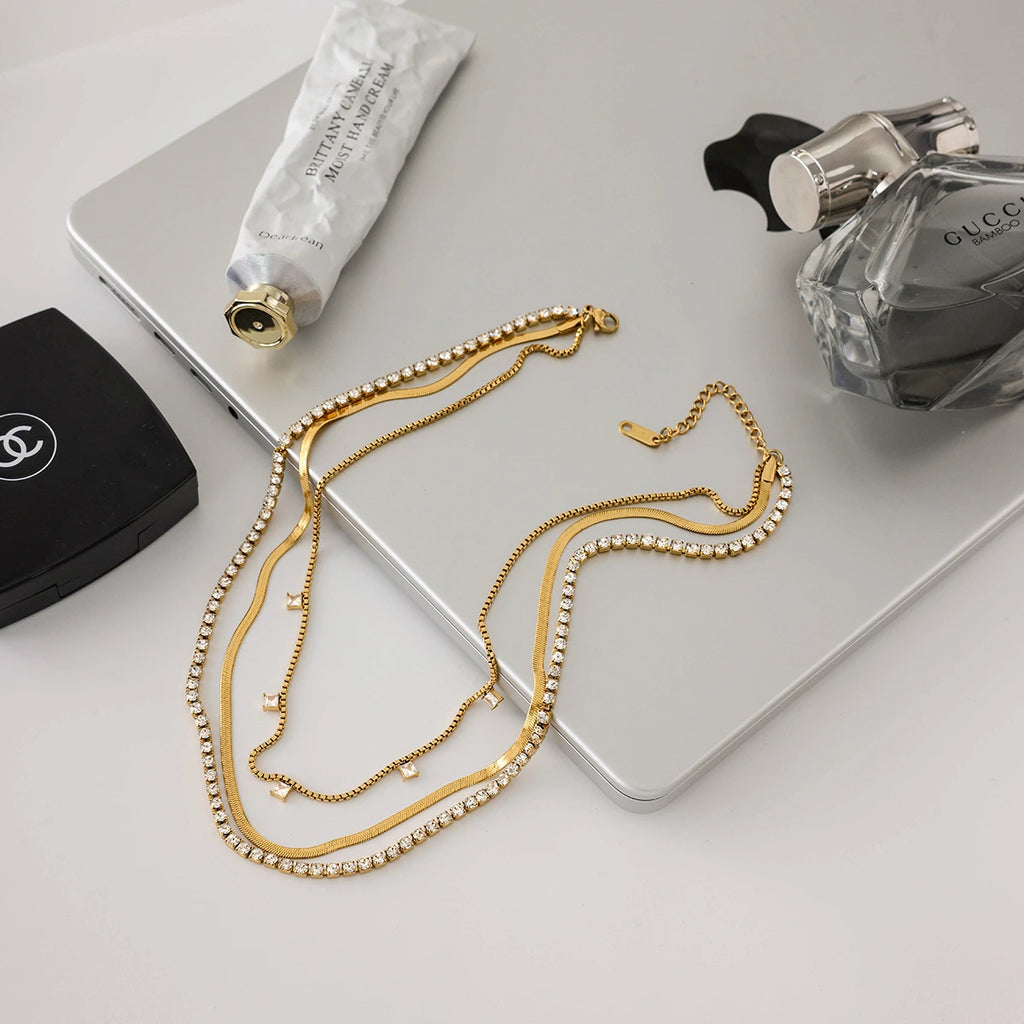 18K Gold Plated Layered Necklace – White Zircon