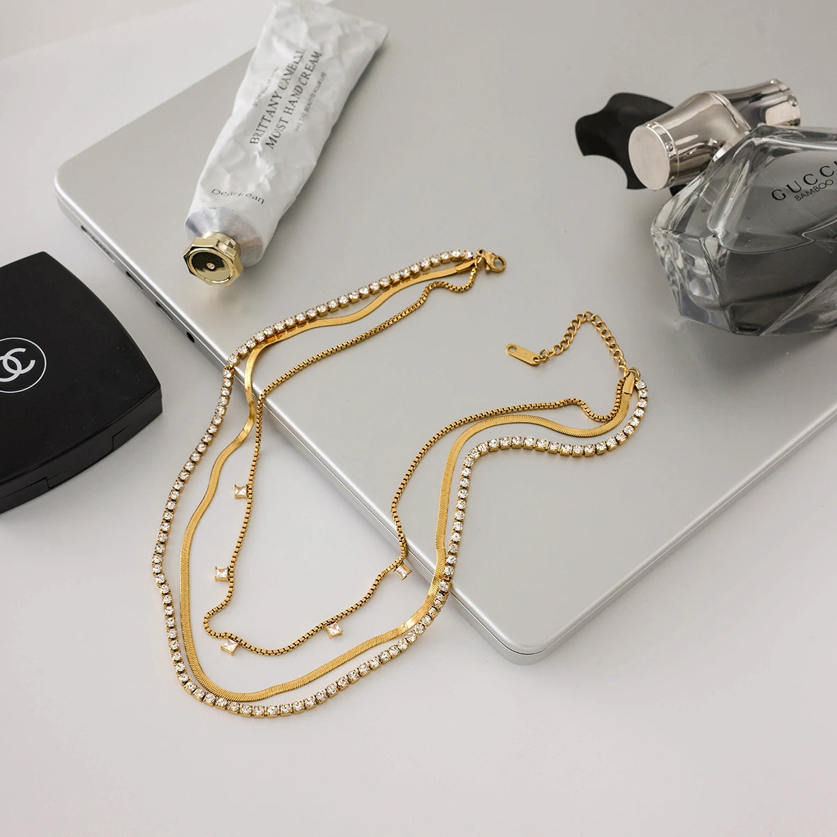 18K Gold Plated Layered Necklace – White Zircon