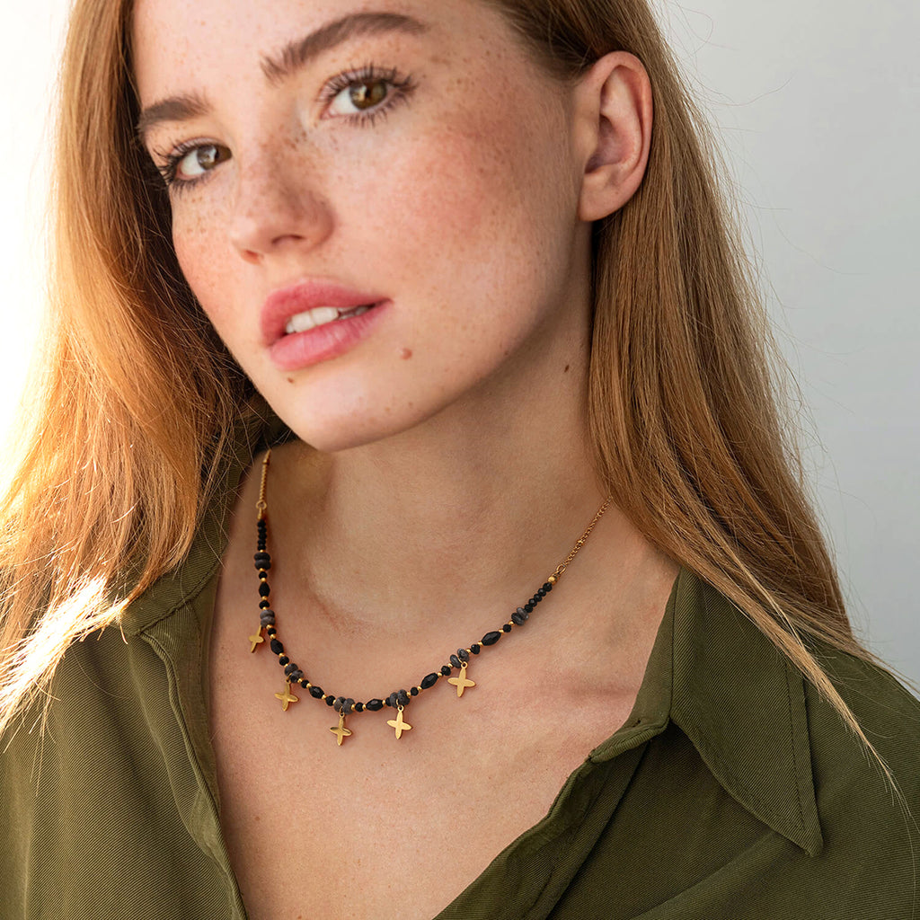 18K Gold Plated Necklace – Black Beads & Star Charms