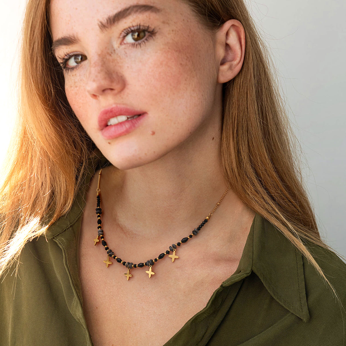 18K Gold Plated Necklace – Black Beads & Star Charms