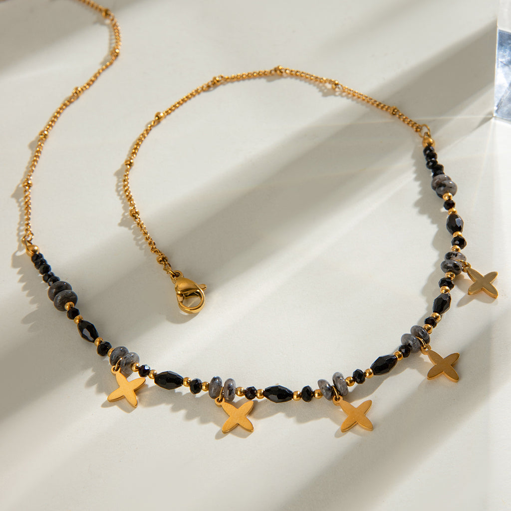 18K Gold Plated Necklace – Black Beads & Star Charms
