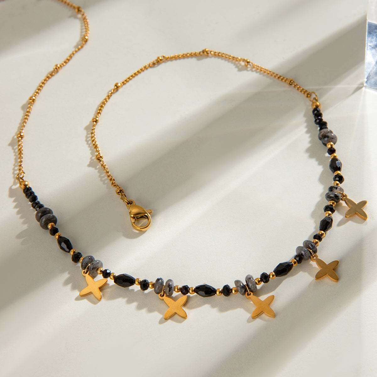 18K Gold Plated Necklace – Black Beads & Star Charms