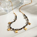 18K Gold Plated Necklace – Black Beads & Star Charms