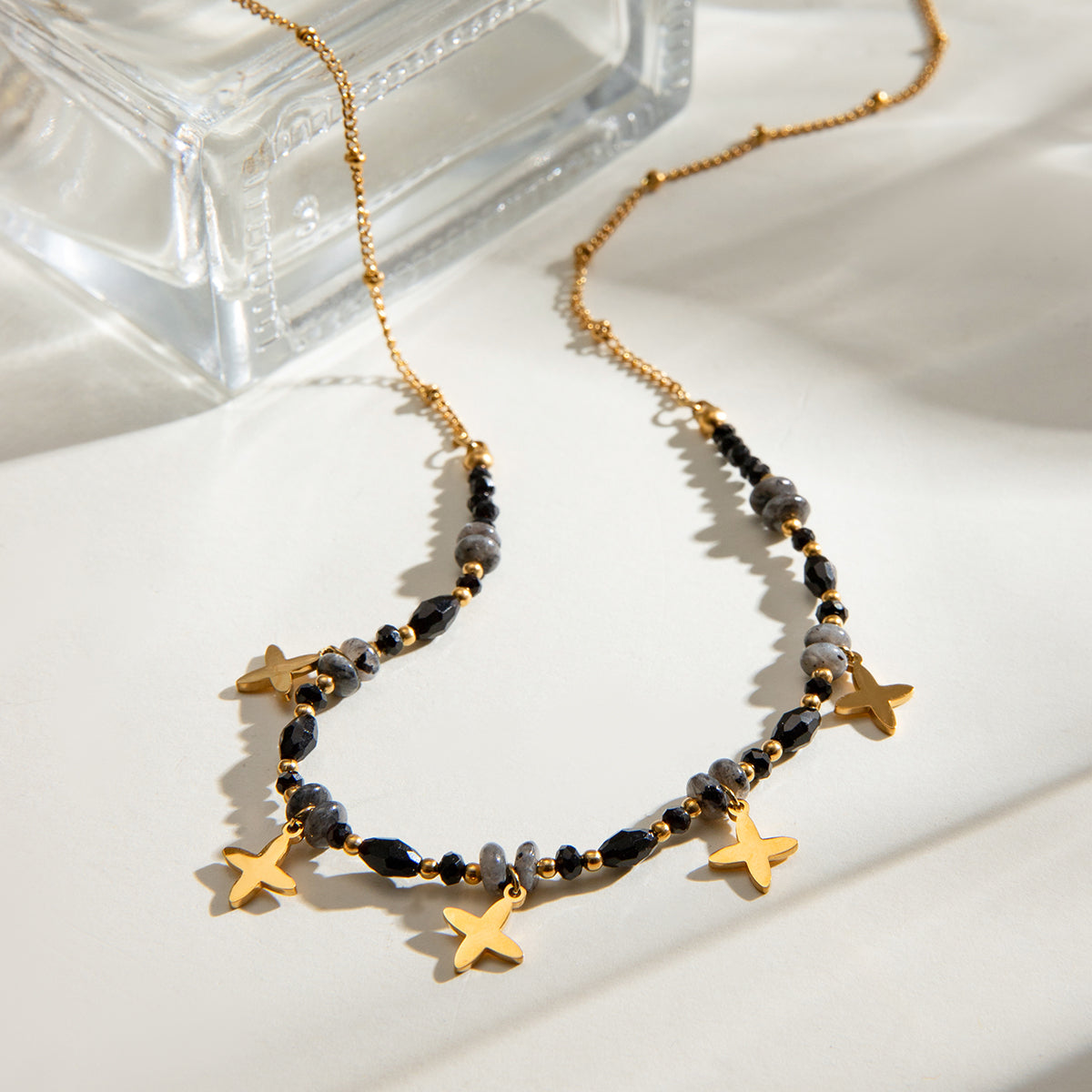 18K Gold Plated Necklace – Black Beads & Star Charms