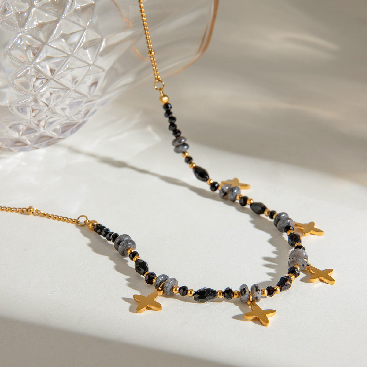 18K Gold Plated Necklace – Black Beads & Star Charms