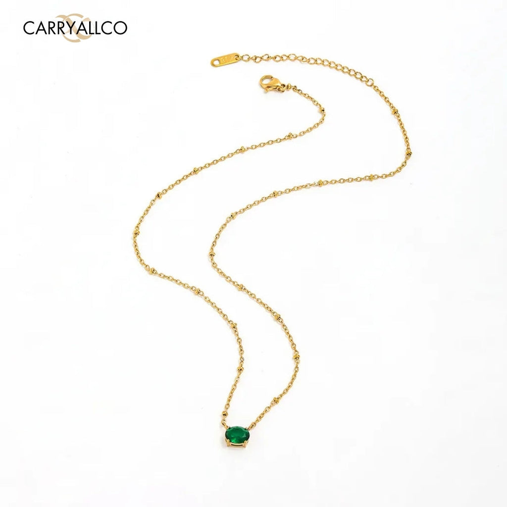 18K Gold Plated Oval Green Brilliant Cut Stone Beaded Necklace Carryallco