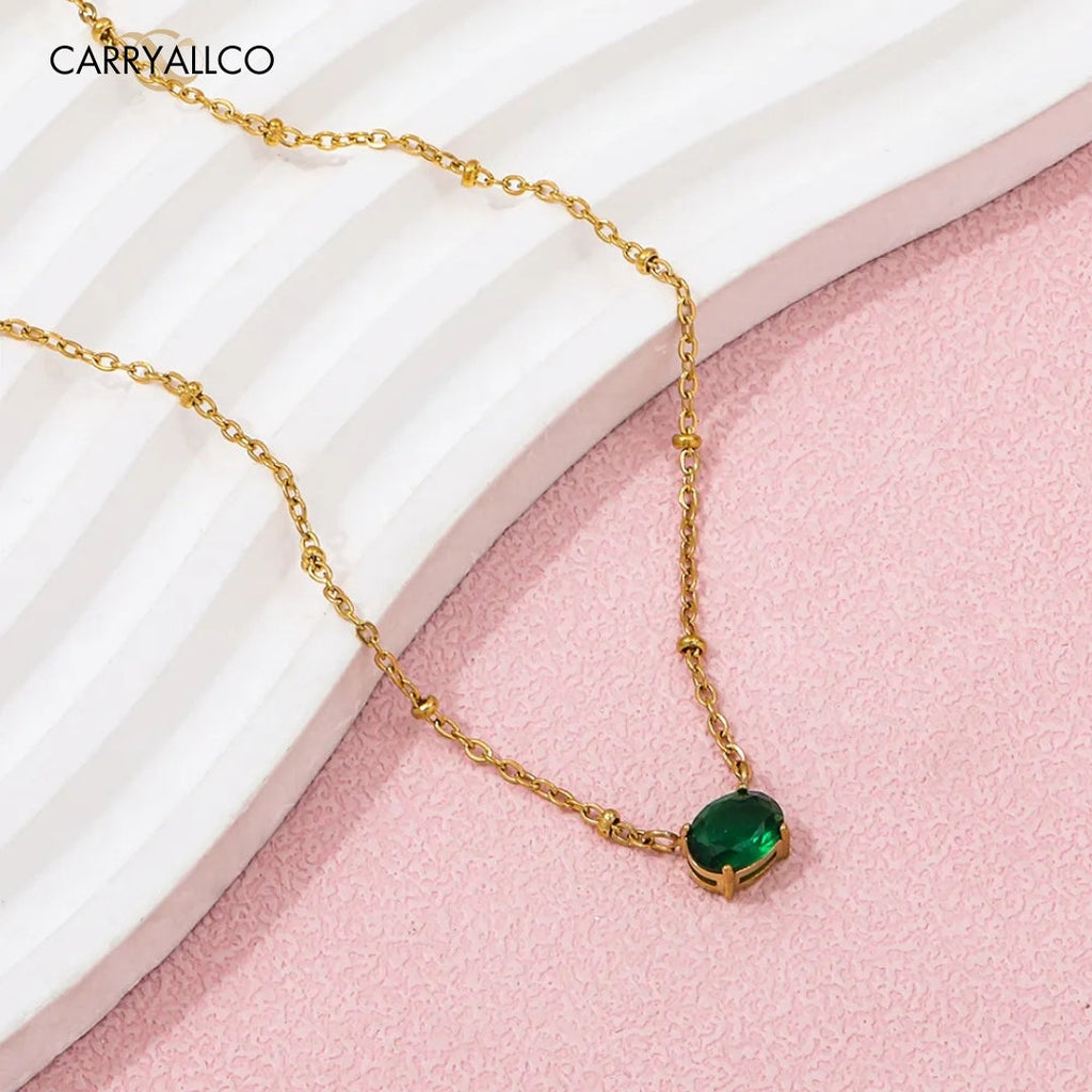18K Gold Plated Oval Green Brilliant Cut Stone Beaded Necklace Carryallco