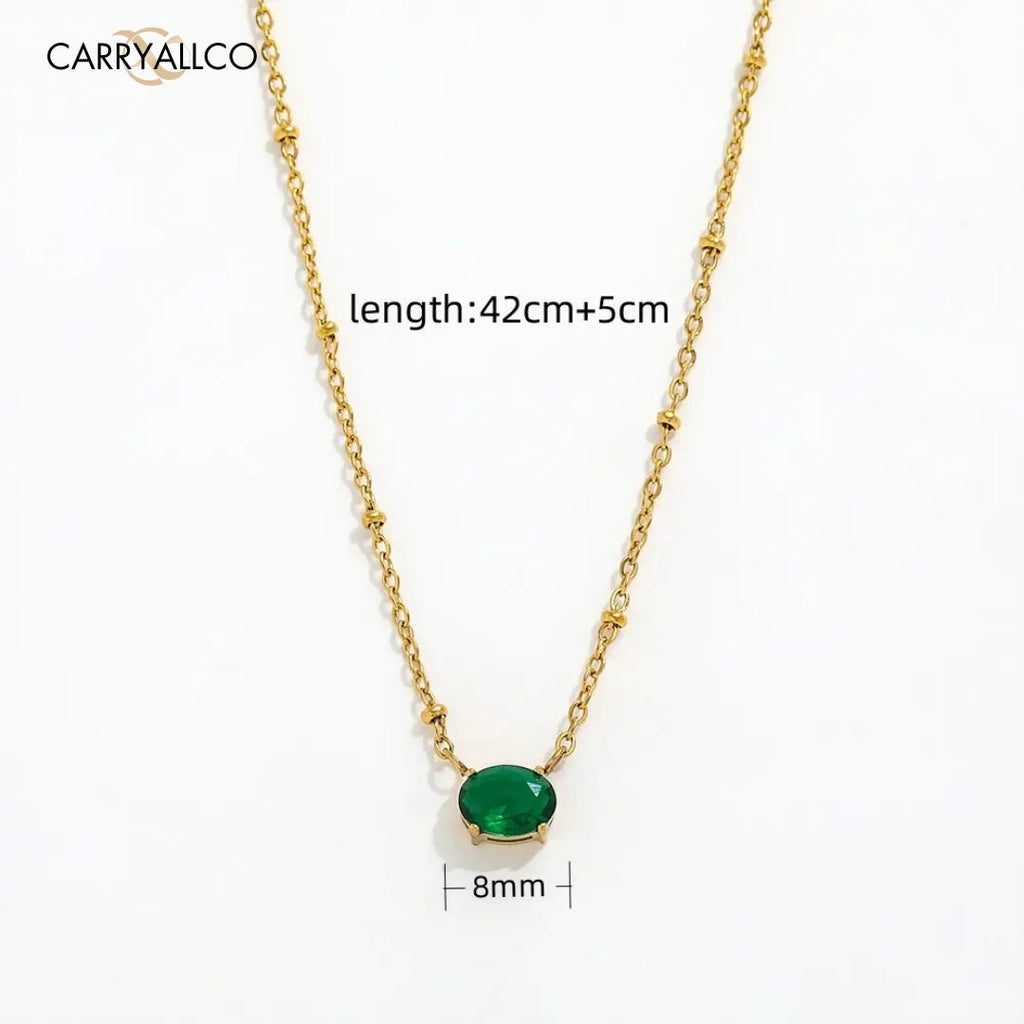 18K Gold Plated Oval Green Brilliant Cut Stone Beaded Necklace Carryallco