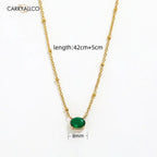 18K Gold Plated Oval Green Brilliant Cut Stone Beaded Necklace Carryallco