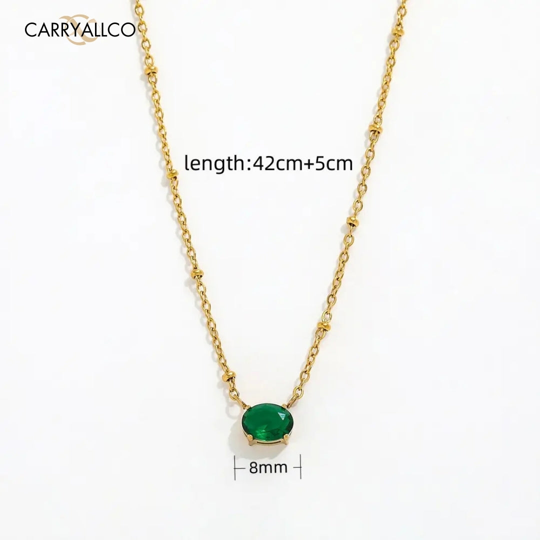18K Gold Plated Oval Green Brilliant Cut Stone Beaded Necklace Carryallco