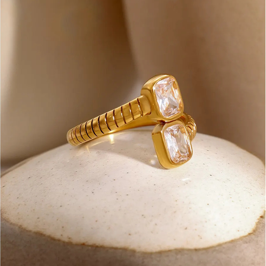 18K Gold Plated Pave Zircon Textured Open Ring