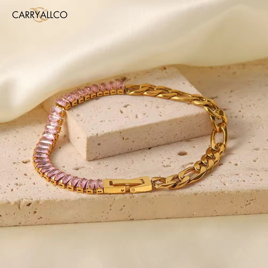 18K Gold Plated Pink Zircon Figaro Chain Bracelet Carryallco