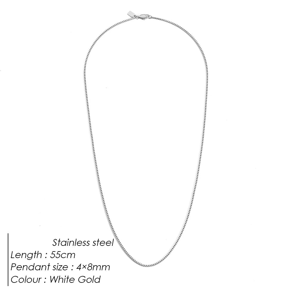 Silver necklace on a white background with product details.