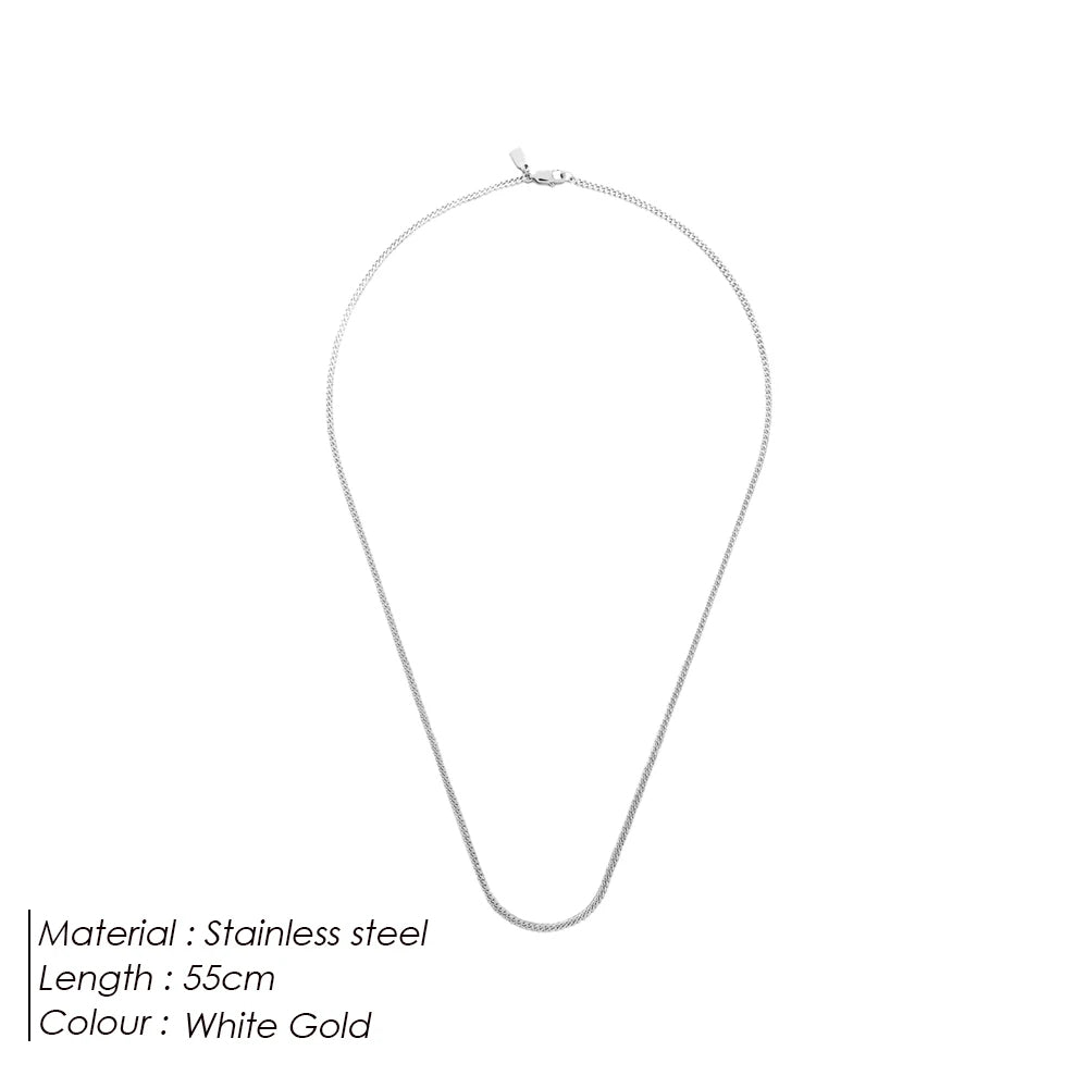 White gold necklace on a white background with product details.