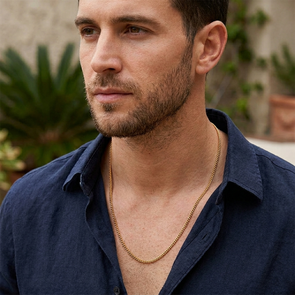 Man wearing a gold chain necklace with a blurred outdoor background