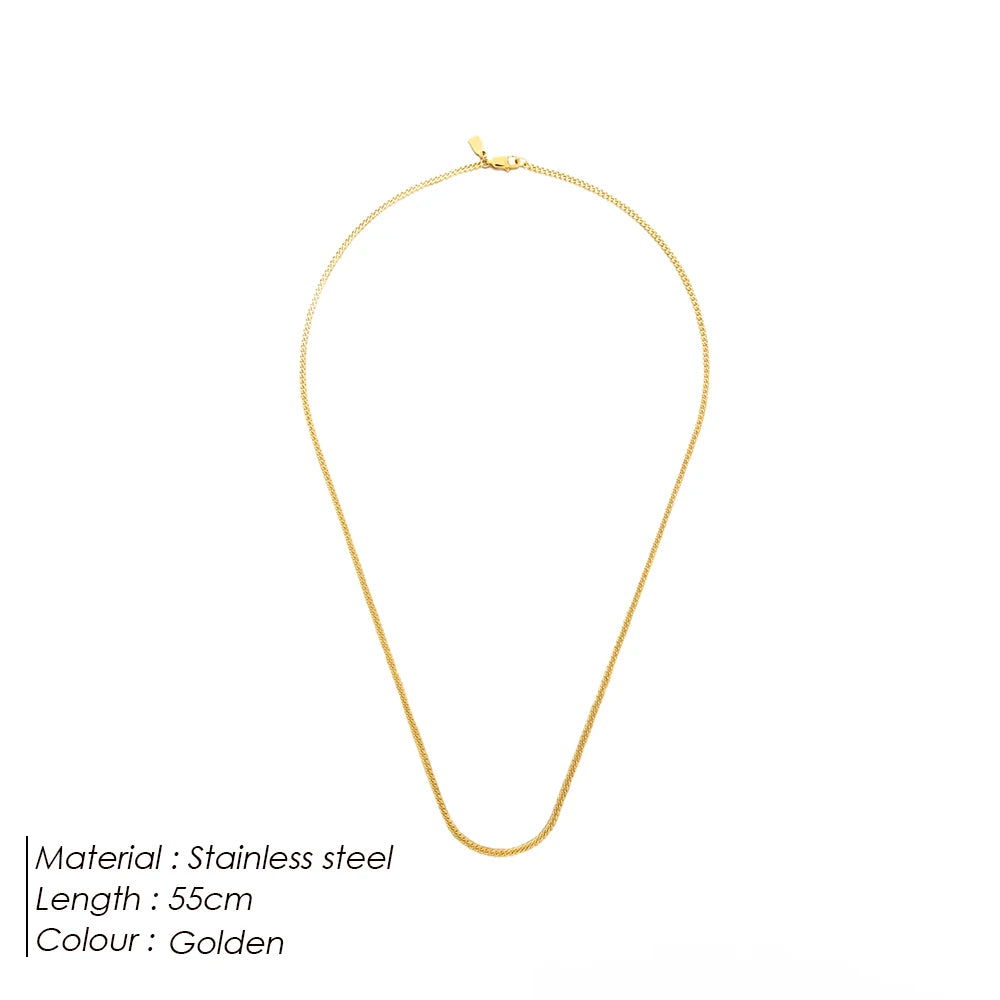 Gold necklace on a white background with product details.