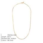 Gold necklace on a white background with product details.