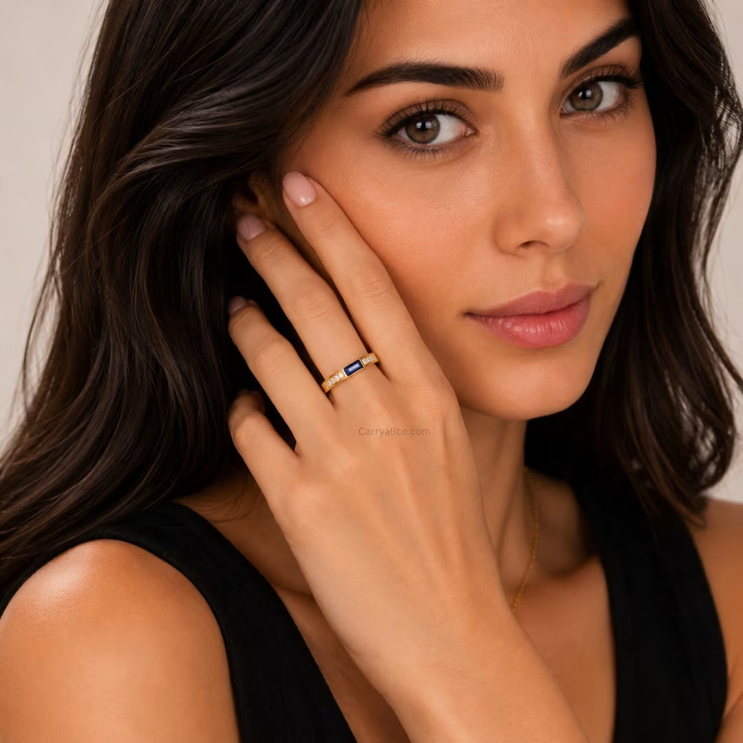 Blue Zircon Half-Circle Ring – 18K Gold Plated | CARRYALLCO
