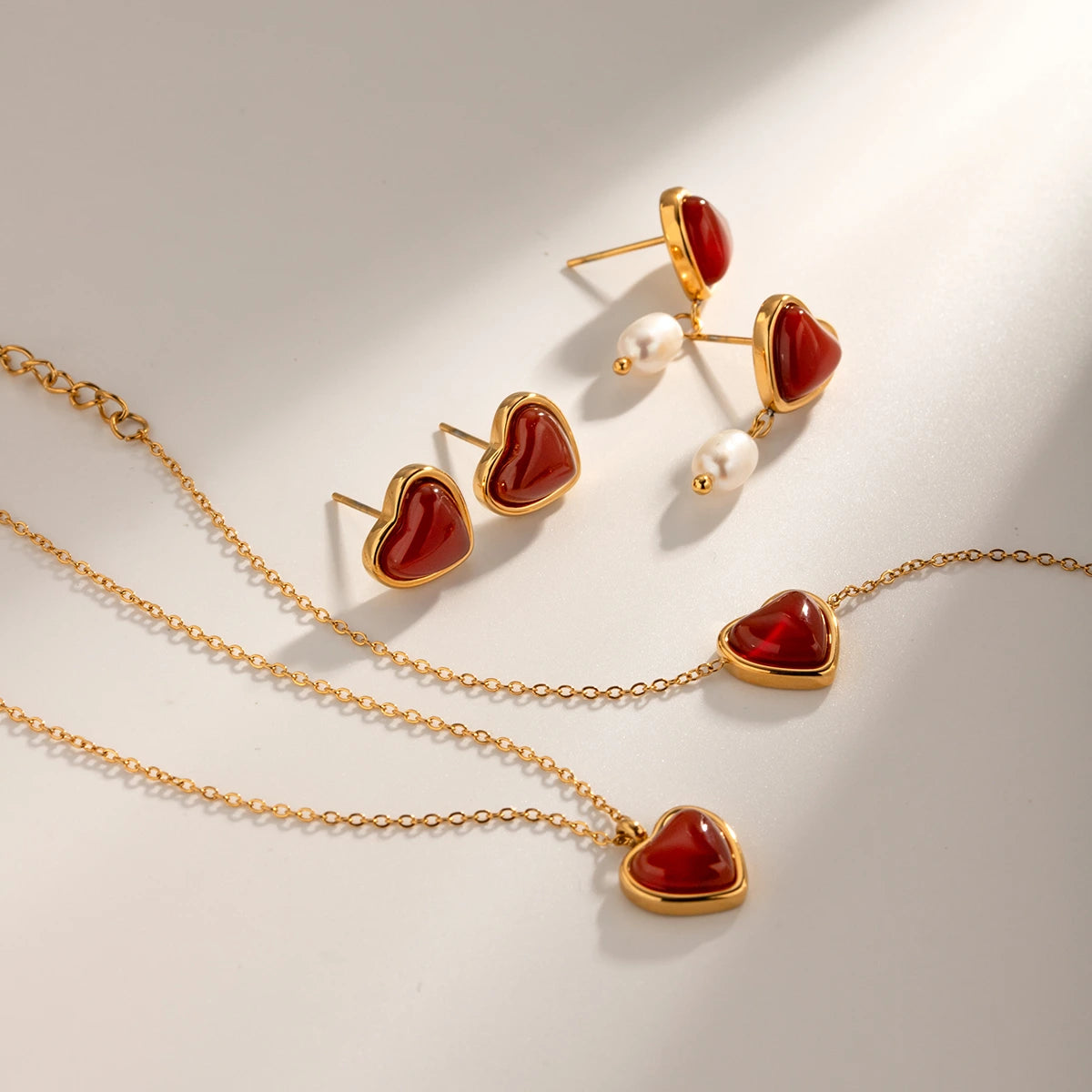 18K Gold-Plated Red Agate Heart & Pearl Jewelry Set