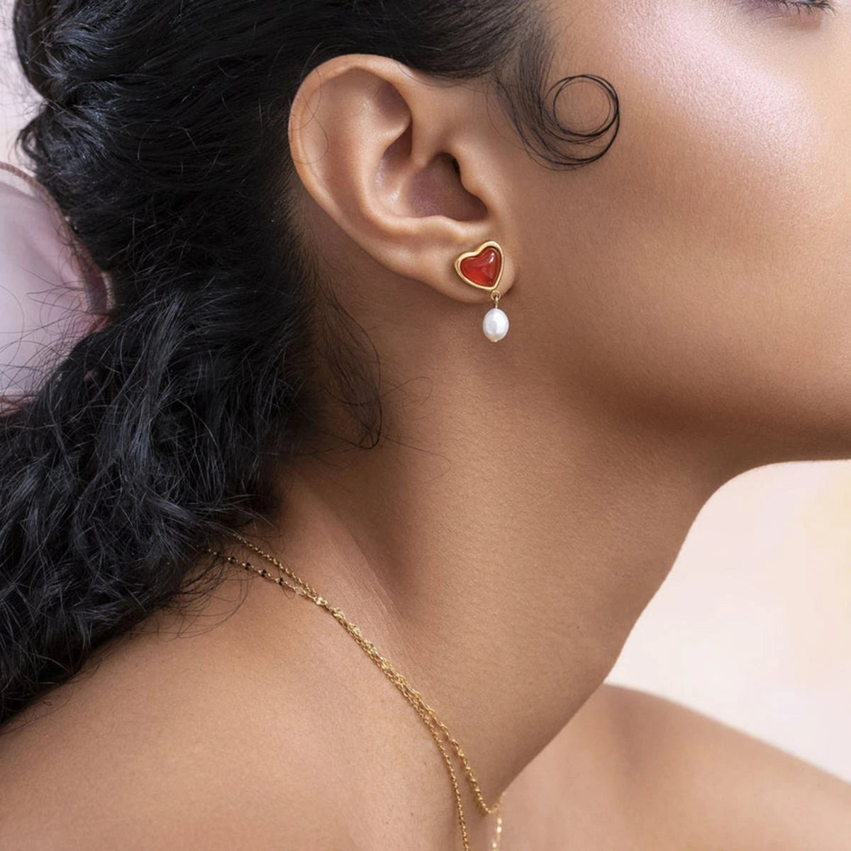 18K Gold-Plated Red Agate Heart & Pearl Jewelry Set