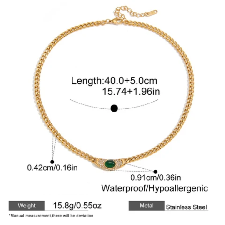 Gold necklace with green gemstone and measurement details on a white background