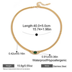 Gold necklace with green gemstone and measurement details on a white background