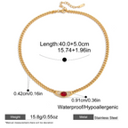 Gold necklace with a red gemstone, showing measurements and material details on a white background.