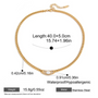 Gold necklace with measurements and product details on a white background