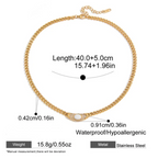 Gold necklace with measurements and product details on a white background