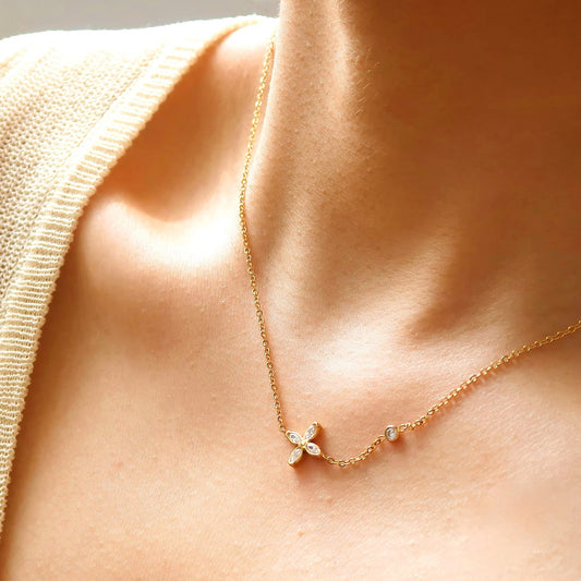 18K Gold Plated Flower Clover Zirconia Pendant Necklace