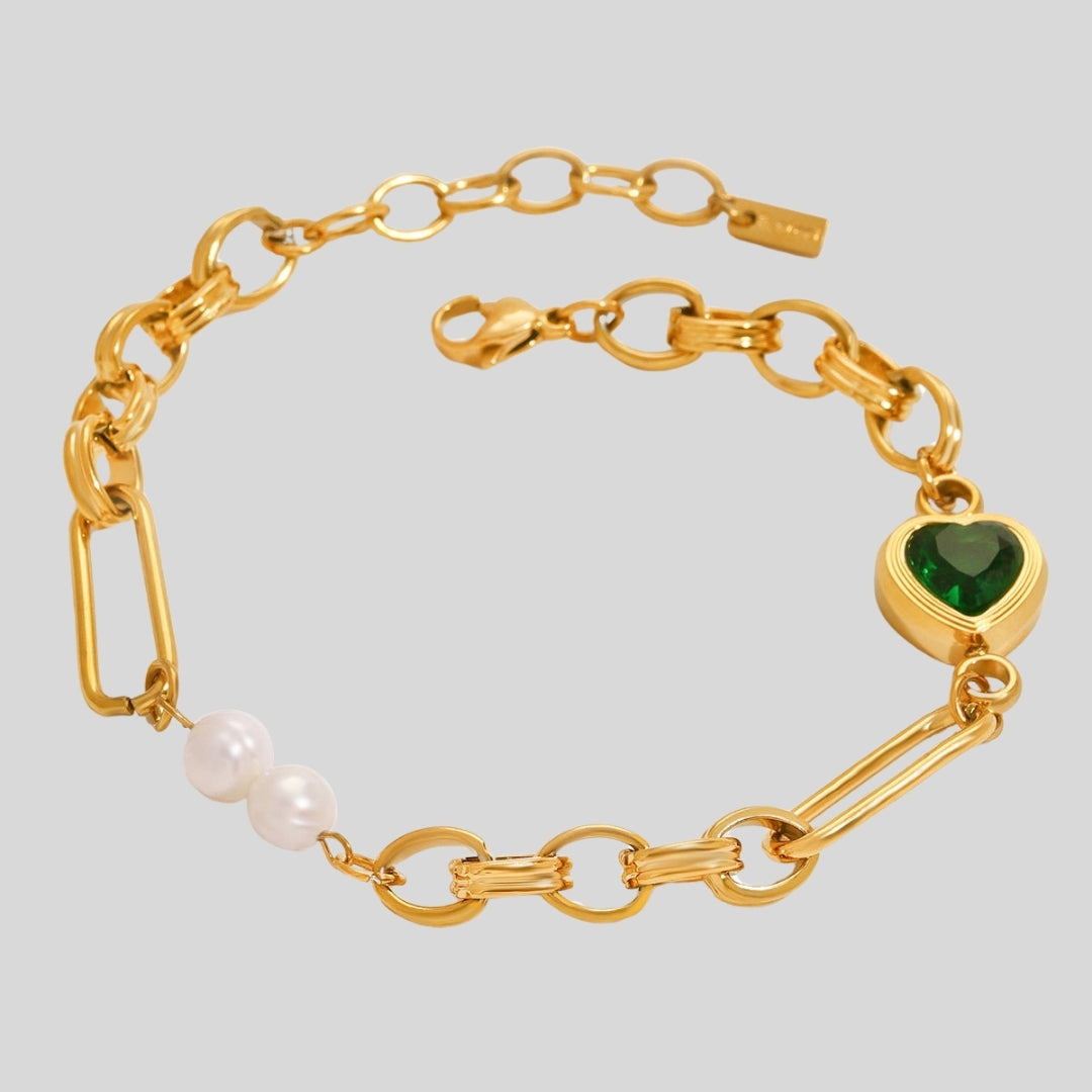 18K Gold Plated Freshwater Pearl & Green Heart Bracelet