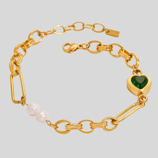 18K Gold Plated Freshwater Pearl & Green Heart Bracelet
