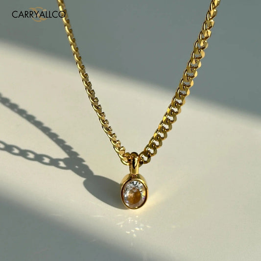 18K Gold Plated Oval Brilliant Cut Stone Pendant Necklace