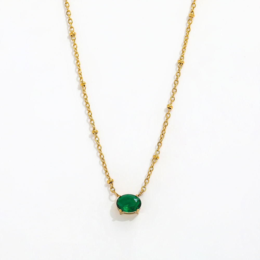 18K Gold Plated Oval Green Brilliant Cut Stone Beaded Necklace