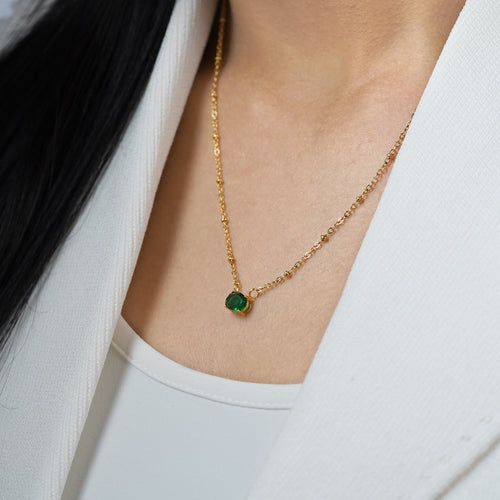 18K Gold Plated Oval Green Brilliant Cut Stone Beaded Necklace