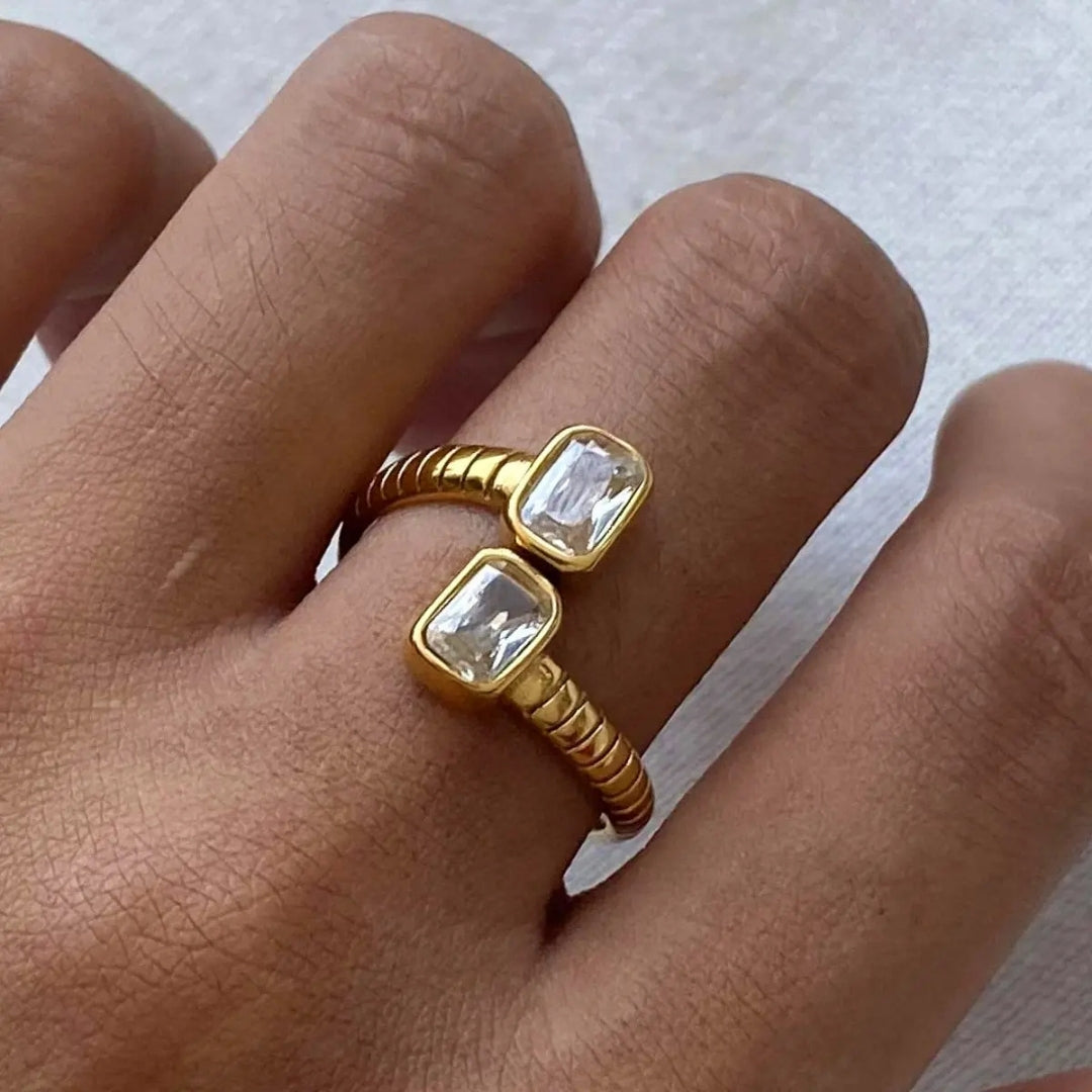 18K Gold Plated Pave Zircon Textured Open Ring