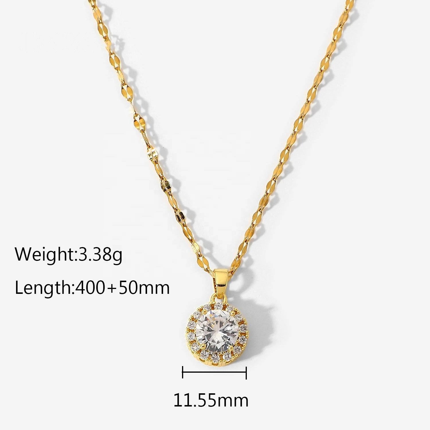 Gold necklace with a clear pendant on a white background, showing weight, length, and diameter measurements.