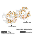 Gold and pink floral earrings with measurements and material details on a white background