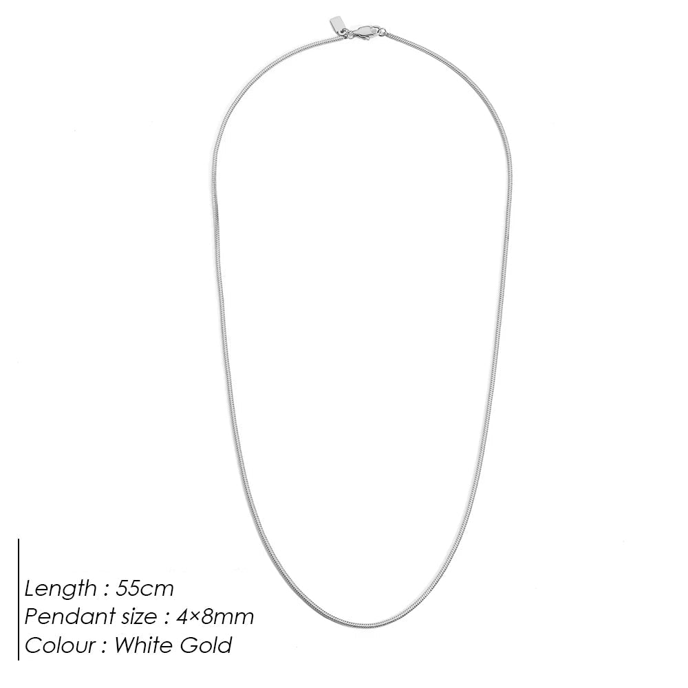 Silver necklace on a white background with product details.