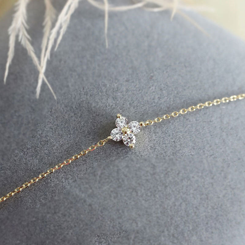 925 Silver Four Leaf Clover Zircon Chain Bracelet