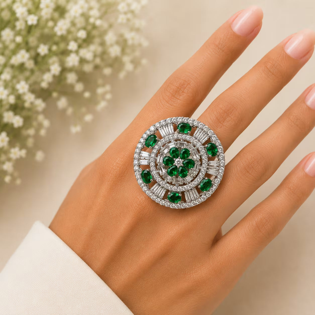 Close-up of a hand wearing a decorative ring with green gemstones and a blurred floral background