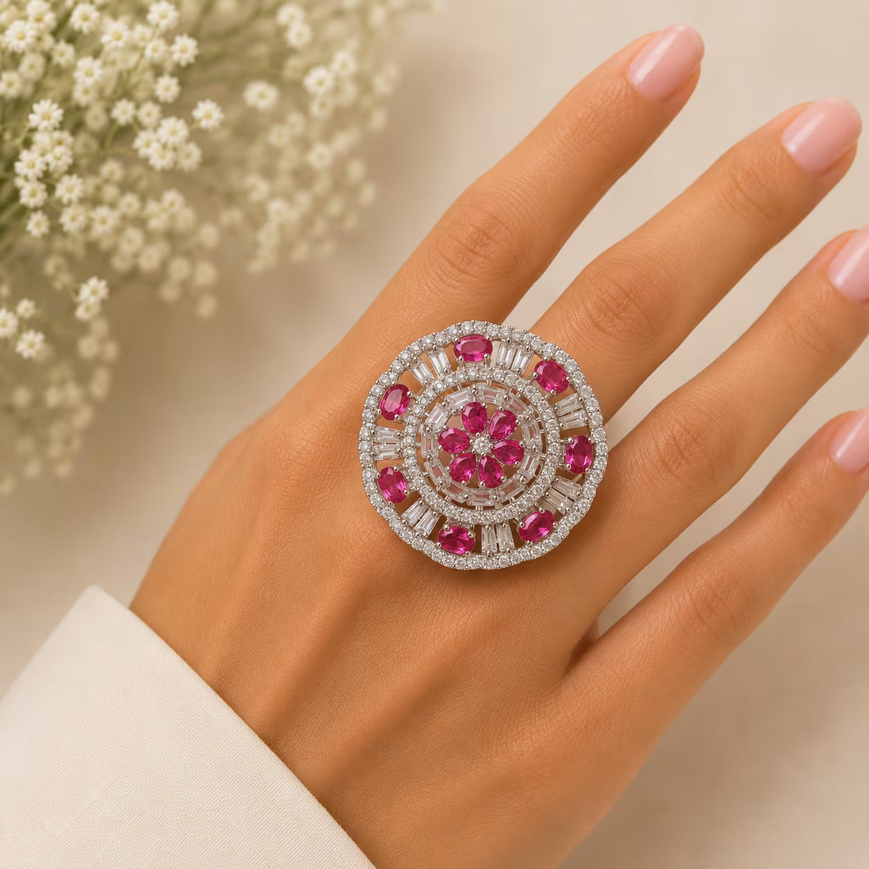 CZ Circular Disc Cocktail Ring – Pink Stone Variant | 18K Gold Plated | Carryallco India