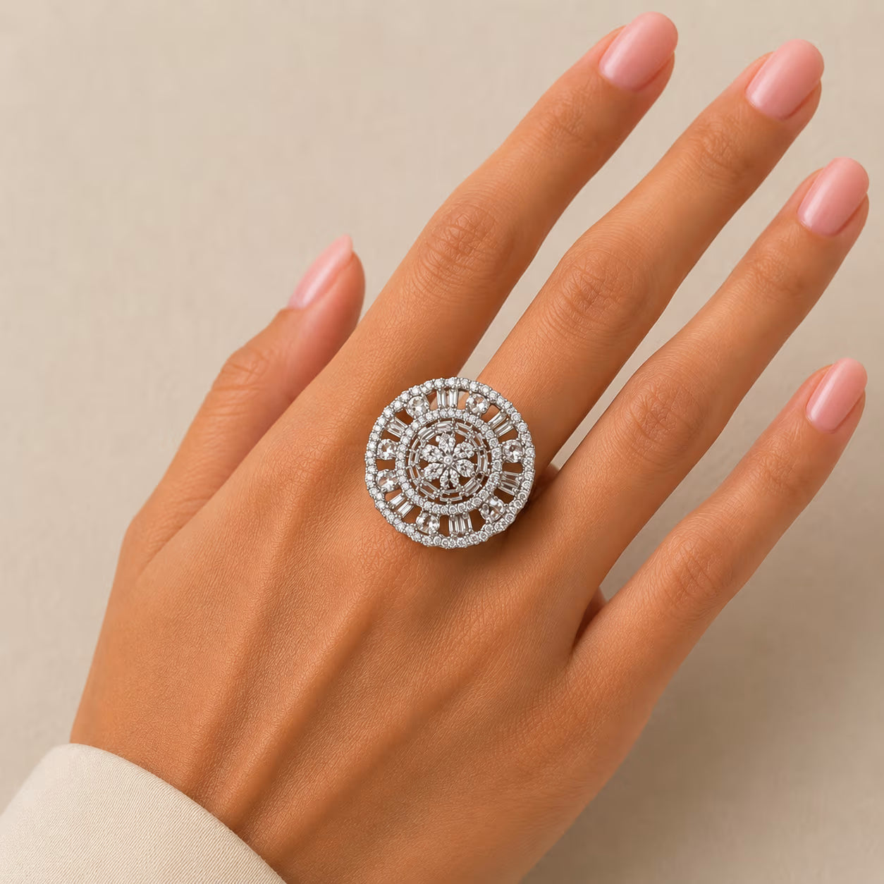 CZ Circular Disc Cocktail Ring – Clear CZ Variant | 18K Gold Plated | Carryallco India