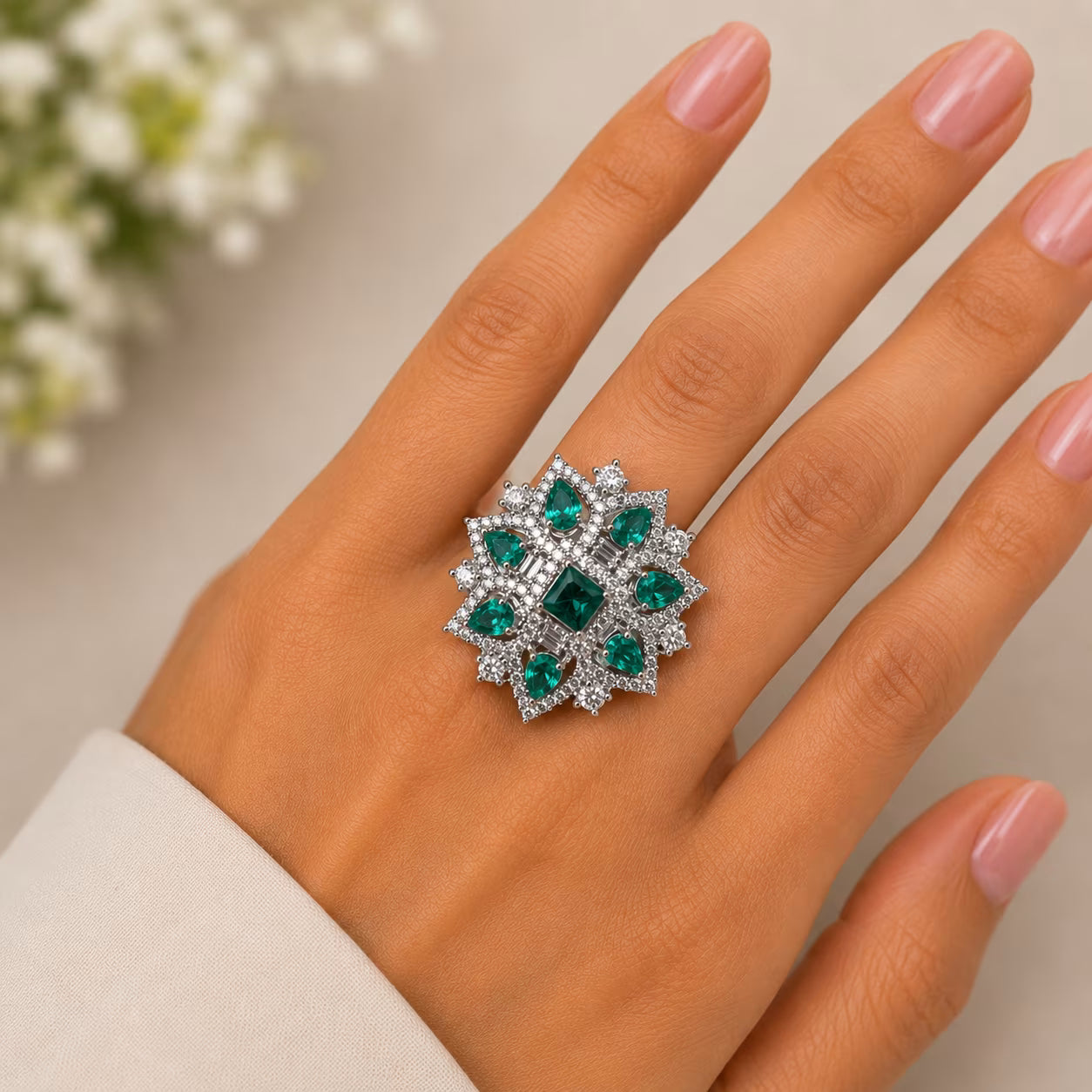 CZ Floral Cocktail Ring – 18K Gold Plated Jewellery | Carryallco India